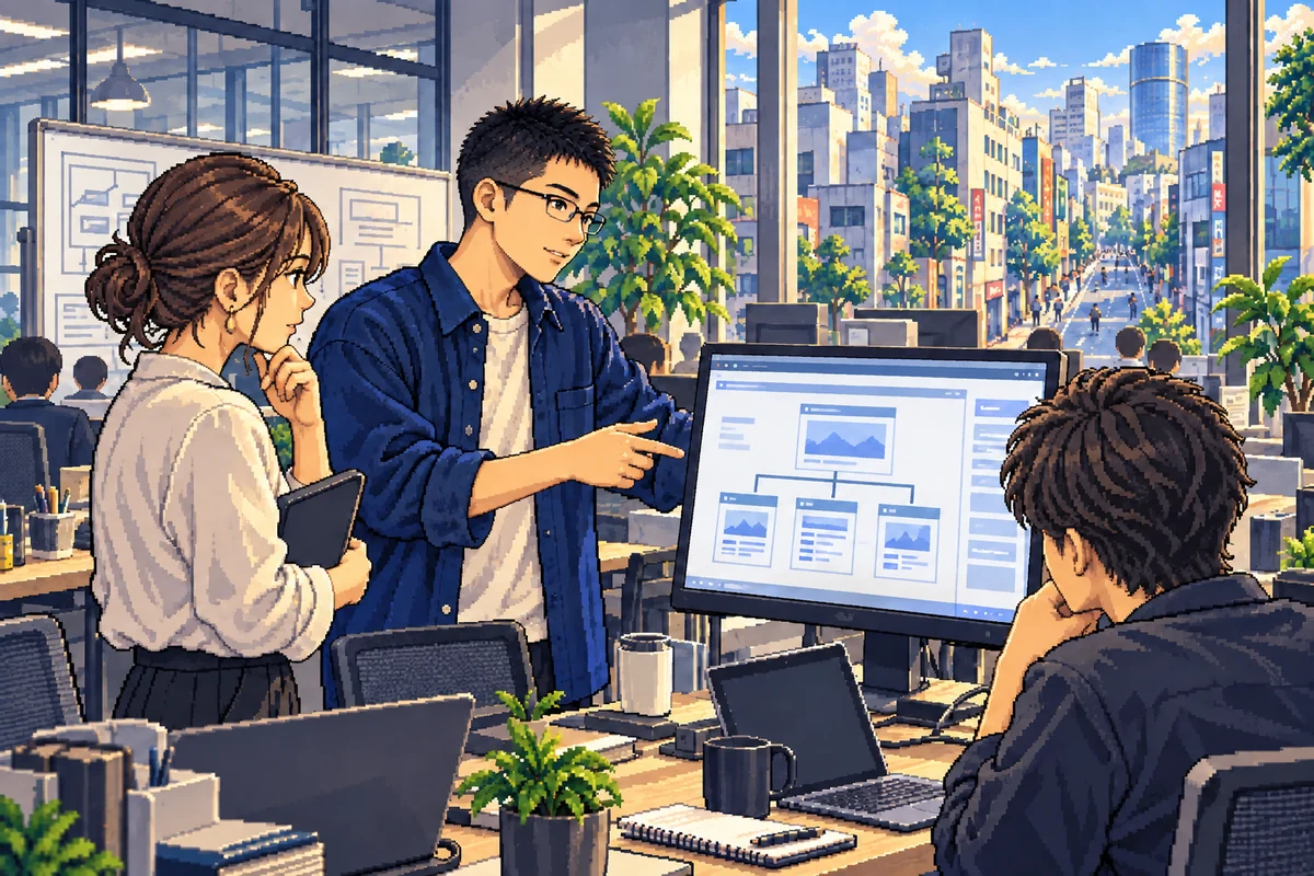 渋谷・道玄坂のIT企業で同僚とWebメディアの設計を話し合う小杉陸人のイメージ