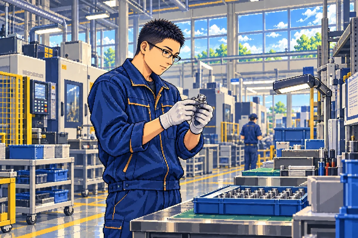 若い頃の小杉陸人をイメージした、短いスポーツ刈りで工場の仕事に取り組むイラスト