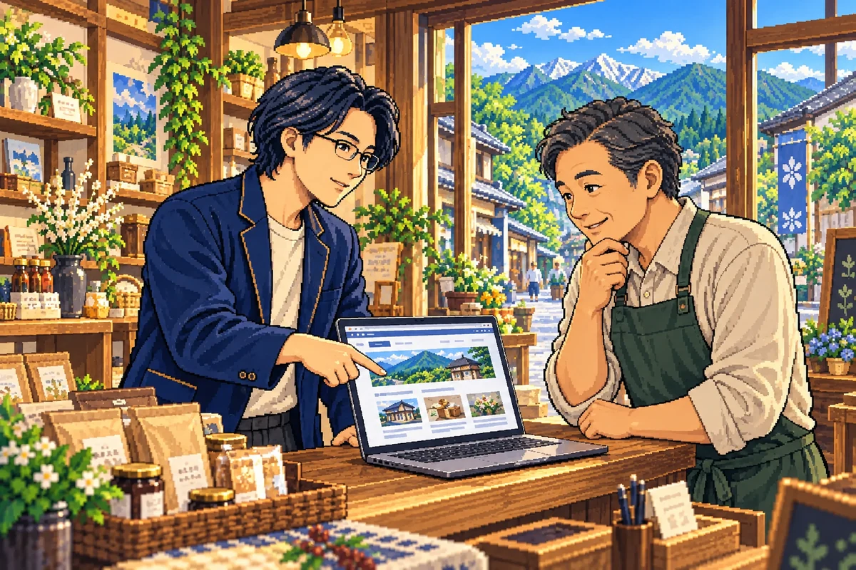 地域のお店を訪問し事業者とWebサイトを確認する現在の小杉陸人のイメージ
