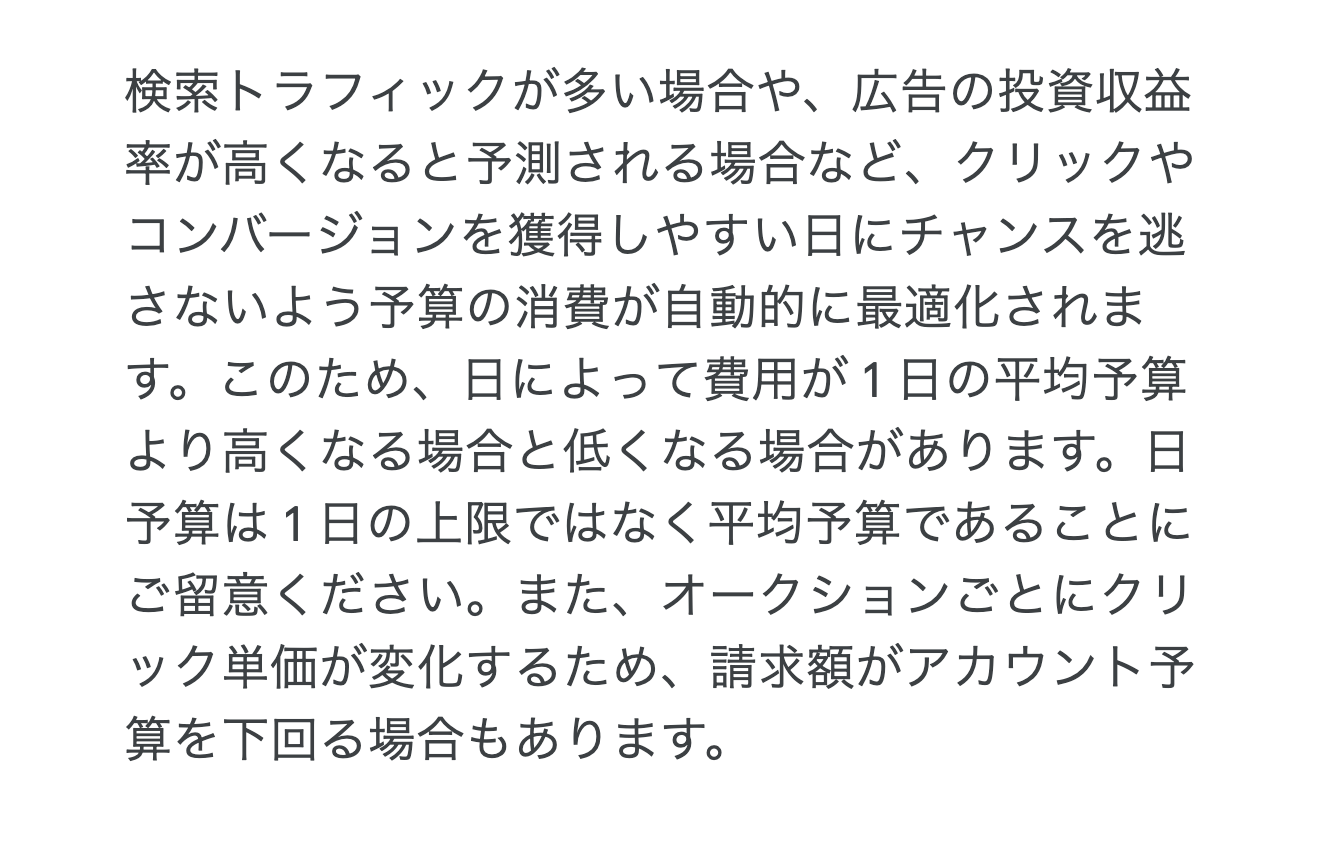 Googleの公式ページで、日ごとの予算が1日の上限ではなく平均額だと説明している箇所