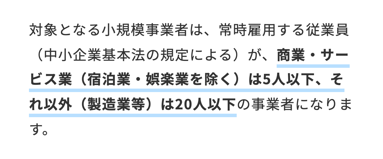 小規模事業者持続化補助金の対象になる事業者の条件が書かれた公式ポータルの画面